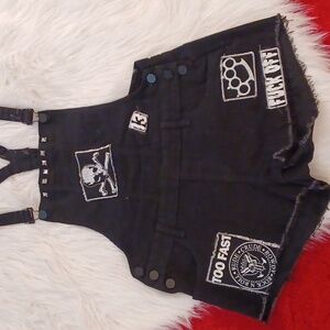 TOO FAST BLACK OVERALLS WITH PUNK PATCHES MEDIUM